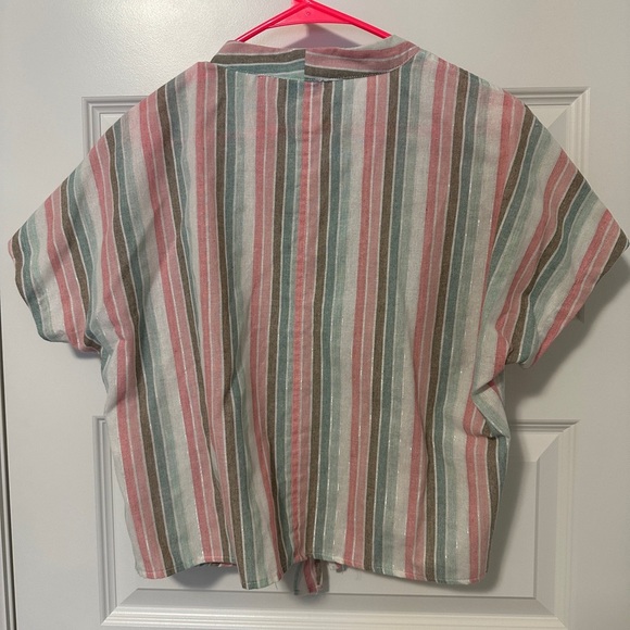 Point Zero Women’s Pink Blue Stripes Buttoned Tie Up Short Sleeve Top Size Small - Picture 7 of 9